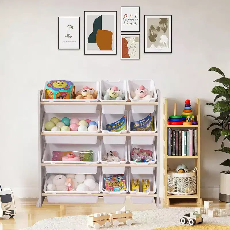 VECELO Étagère de Rangement pour Enfants avec 12 Bacs, Meuble de Rangement en Bois pour Tout-Petits, Grande Capacité pour Livres ou Jouets
