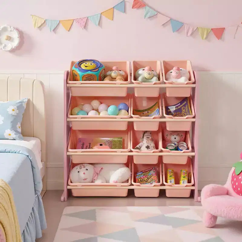 VECELO Étagère de Rangement pour Enfants avec 12 Bacs, Meuble de Rangement en Bois pour Tout-Petits, Grande Capacité pour Livres ou Jouets