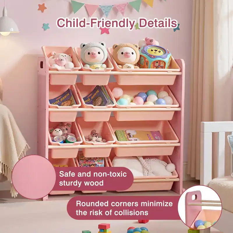 VECELO Étagère de Rangement pour Enfants avec 12 Bacs, Meuble de Rangement en Bois pour Tout-Petits, Grande Capacité pour Livres ou Jouets