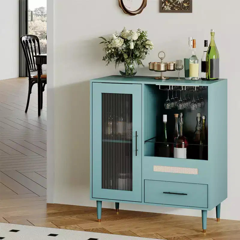 30.7 Meuble de Bar à Café avec Porte en Verre Trempé, Étagère à Verres à Vin à 3 Rangées, Rangement pour Bouteilles et Tiroirs, Buffet pour Salle à Manger et Cuisine