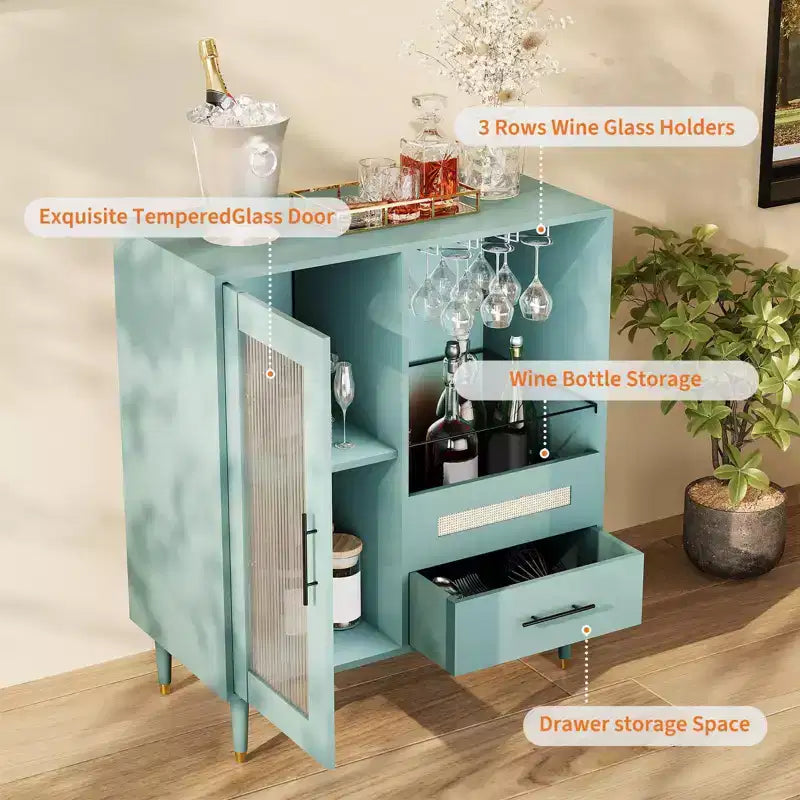 30.7 Meuble de Bar à Café avec Porte en Verre Trempé, Étagère à Verres à Vin à 3 Rangées, Rangement pour Bouteilles et Tiroirs, Buffet pour Salle à Manger et Cuisine