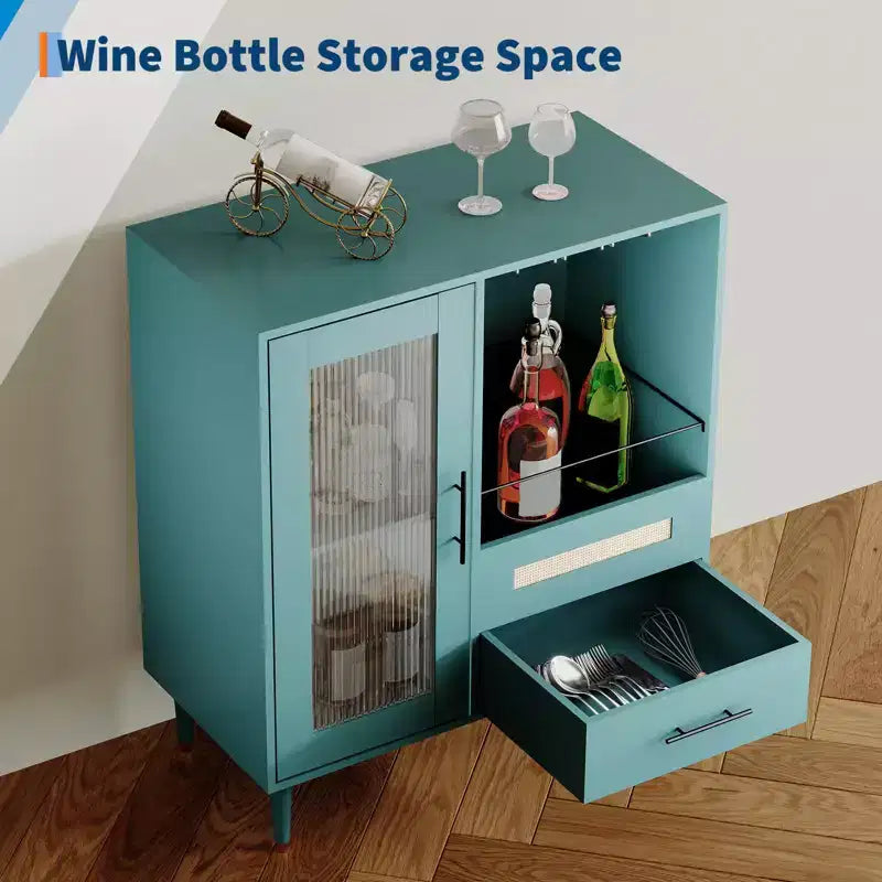 30.7 Meuble de Bar à Café avec Porte en Verre Trempé, Étagère à Verres à Vin à 3 Rangées, Rangement pour Bouteilles et Tiroirs, Buffet pour Salle à Manger et Cuisine