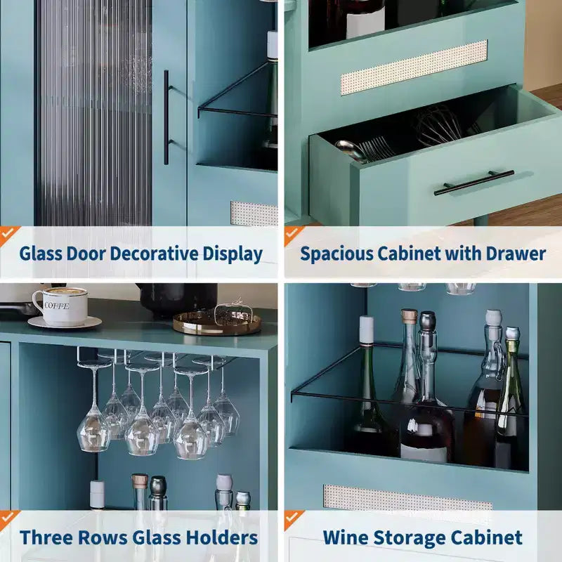 30.7 Meuble de Bar à Café avec Porte en Verre Trempé, Étagère à Verres à Vin à 3 Rangées, Rangement pour Bouteilles et Tiroirs, Buffet pour Salle à Manger et Cuisine