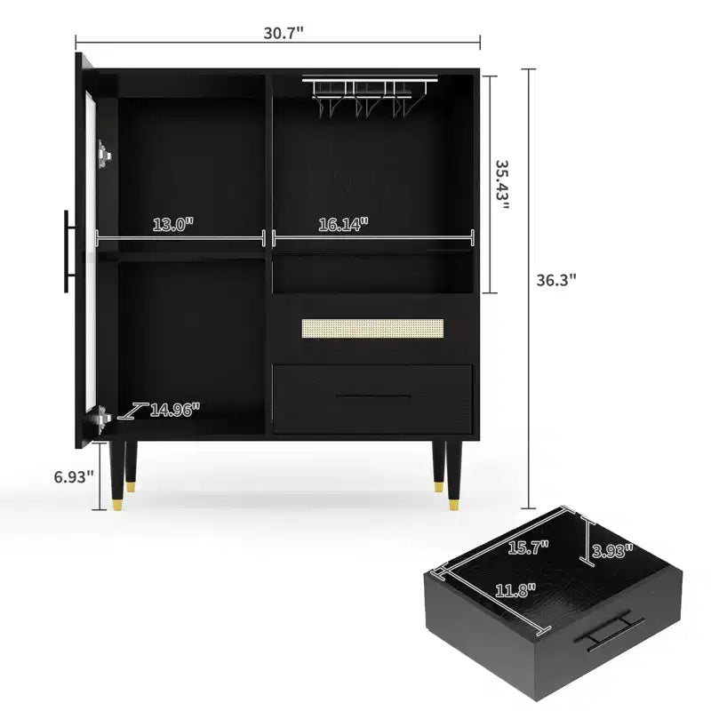 30.7 Meuble de Bar à Café avec Porte en Verre Trempé, Étagère à Verres à Vin à 3 Rangées, Rangement pour Bouteilles et Tiroirs, Buffet pour Salle à Manger et Cuisine