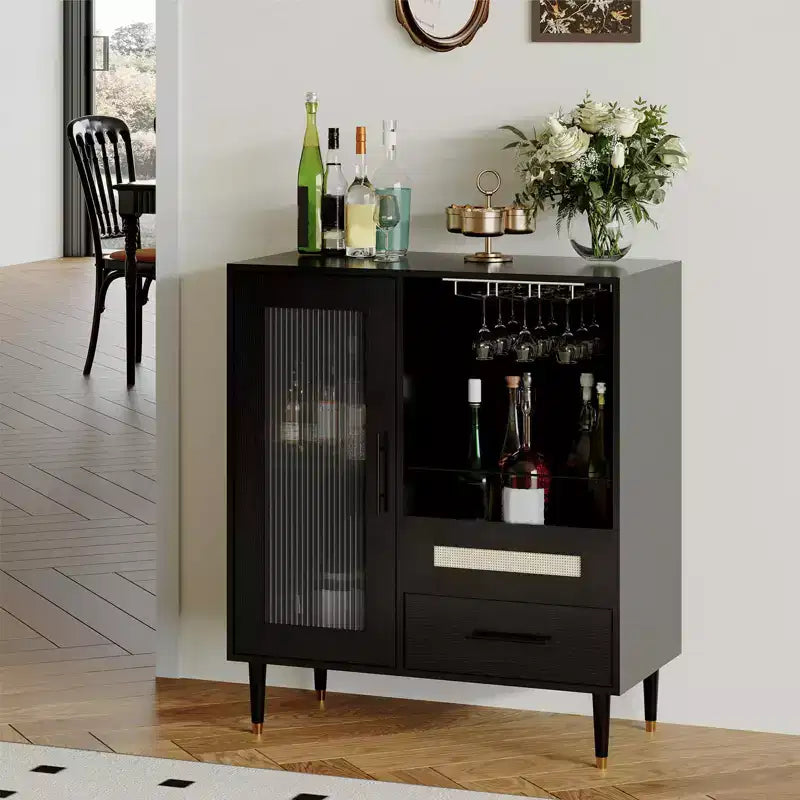 30.7 Meuble de Bar à Café avec Porte en Verre Trempé, Étagère à Verres à Vin à 3 Rangées, Rangement pour Bouteilles et Tiroirs, Buffet pour Salle à Manger et Cuisine