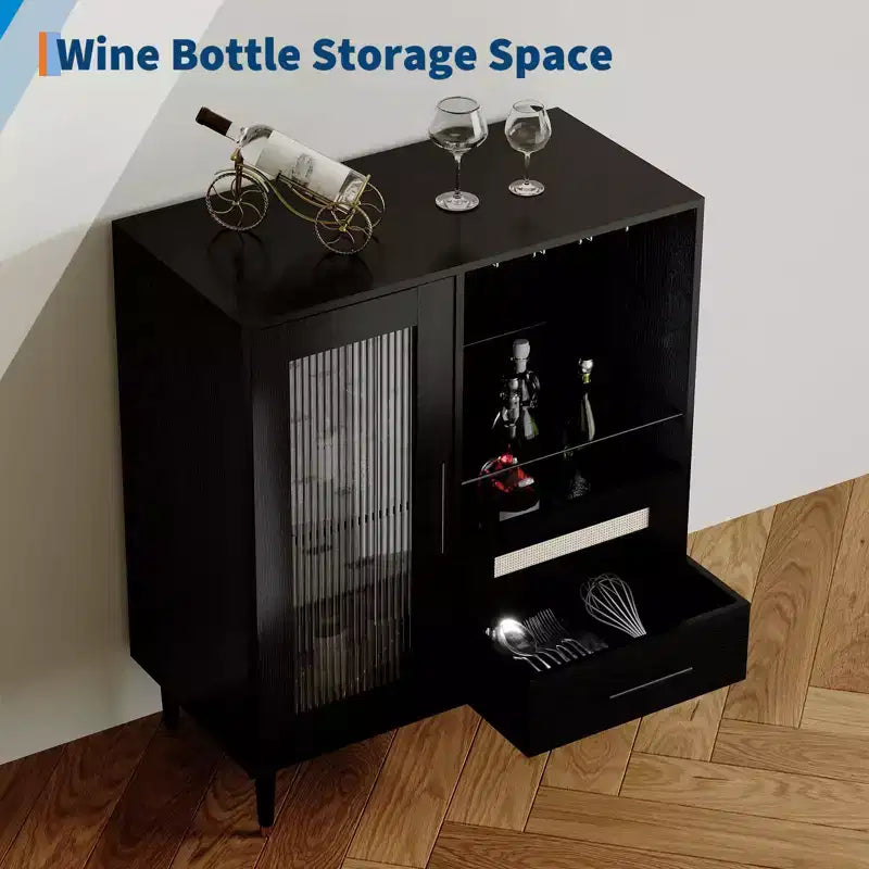 30.7 Meuble de Bar à Café avec Porte en Verre Trempé, Étagère à Verres à Vin à 3 Rangées, Rangement pour Bouteilles et Tiroirs, Buffet pour Salle à Manger et Cuisine