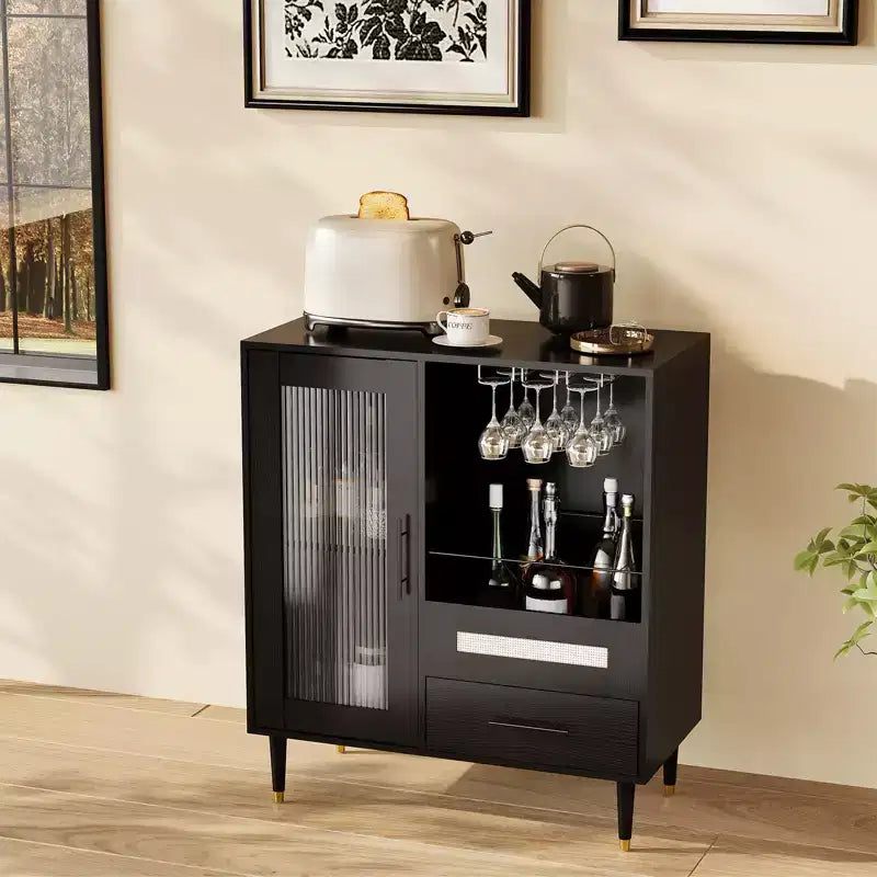 30.7 Meuble de Bar à Café avec Porte en Verre Trempé, Étagère à Verres à Vin à 3 Rangées, Rangement pour Bouteilles et Tiroirs, Buffet pour Salle à Manger et Cuisine
