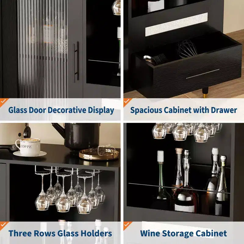 30.7 Meuble de Bar à Café avec Porte en Verre Trempé, Étagère à Verres à Vin à 3 Rangées, Rangement pour Bouteilles et Tiroirs, Buffet pour Salle à Manger et Cuisine