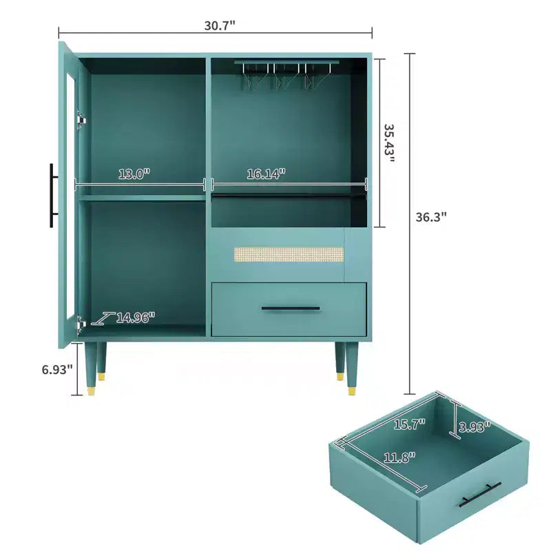 30.7 Meuble de Bar à Café avec Porte en Verre Trempé, Étagère à Verres à Vin à 3 Rangées, Rangement pour Bouteilles et Tiroirs, Buffet pour Salle à Manger et Cuisine