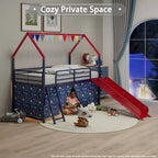 Lit mezzanine jumeau Bellemave Metal Junior House avec toboggan, ensemble de rideaux, guirlande de fanions et autocollants étoiles