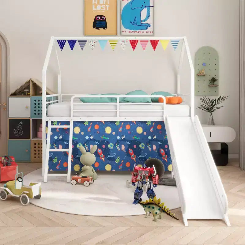 Lit mezzanine jumeau Bellemave Metal Junior House avec toboggan, ensemble de rideaux, guirlande de fanions et autocollants étoiles
