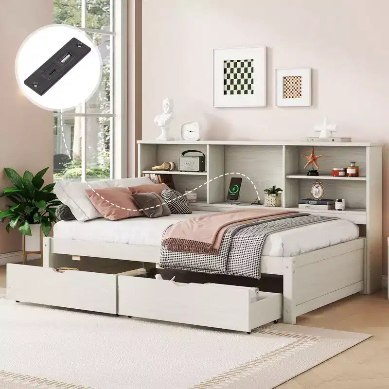 Cadre de lit double avec bibliothèques latérales, deux tiroirs et port USB intégré, couleur blanc crème