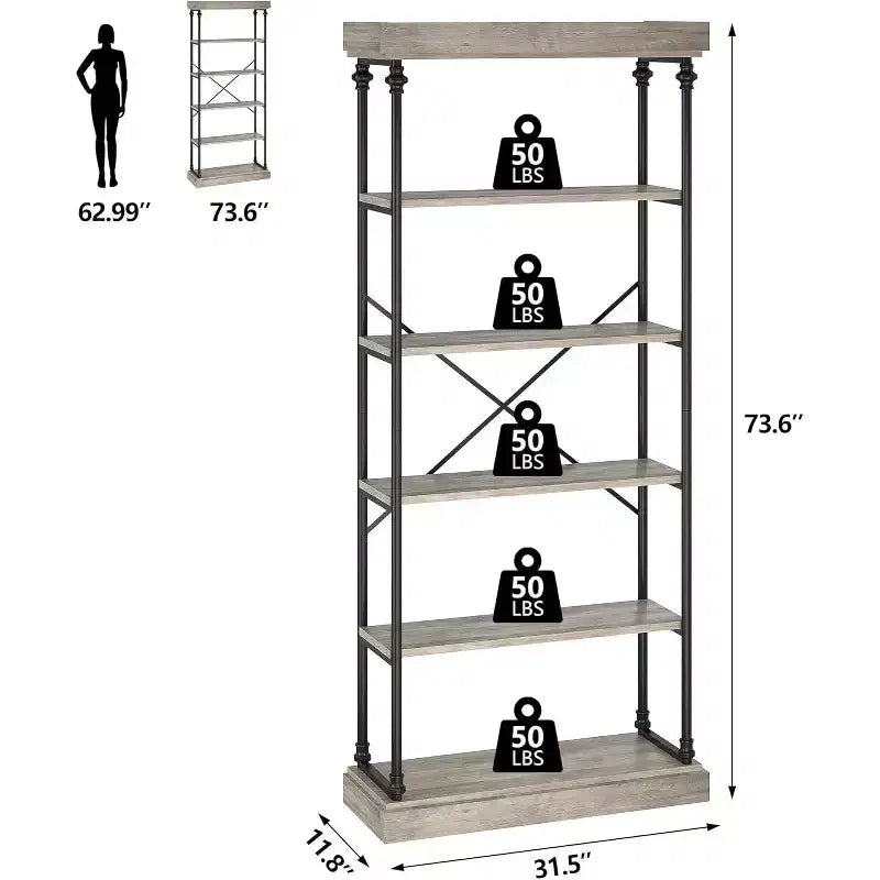 Étagère industrielle en bois à 6 niveaux, étagère ouverte avec cadre métallique, grande étagère de présentation grise pour chambre, salon, bureau