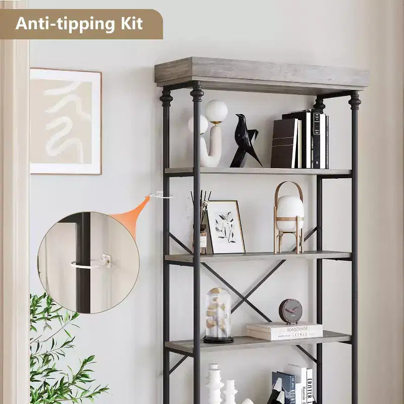 Étagère industrielle en bois à 6 niveaux, étagère ouverte avec cadre métallique, grande étagère de présentation grise pour chambre, salon, bureau