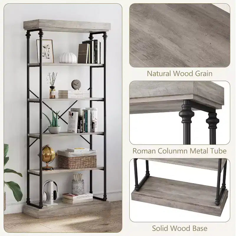 Étagère industrielle en bois à 6 niveaux, étagère ouverte avec cadre métallique, grande étagère de présentation grise pour chambre, salon, bureau