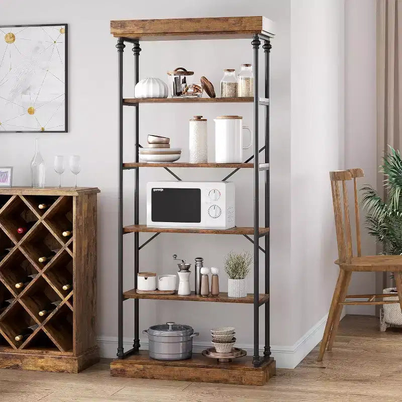 Étagère industrielle en bois à 6 niveaux, étagère ouverte avec cadre métallique, grande étagère de présentation grise pour chambre, salon, bureau