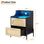 Table de chevet 2 tiroirs en rotin COZONY avec station de charge et lumières LED pour chambre et salon