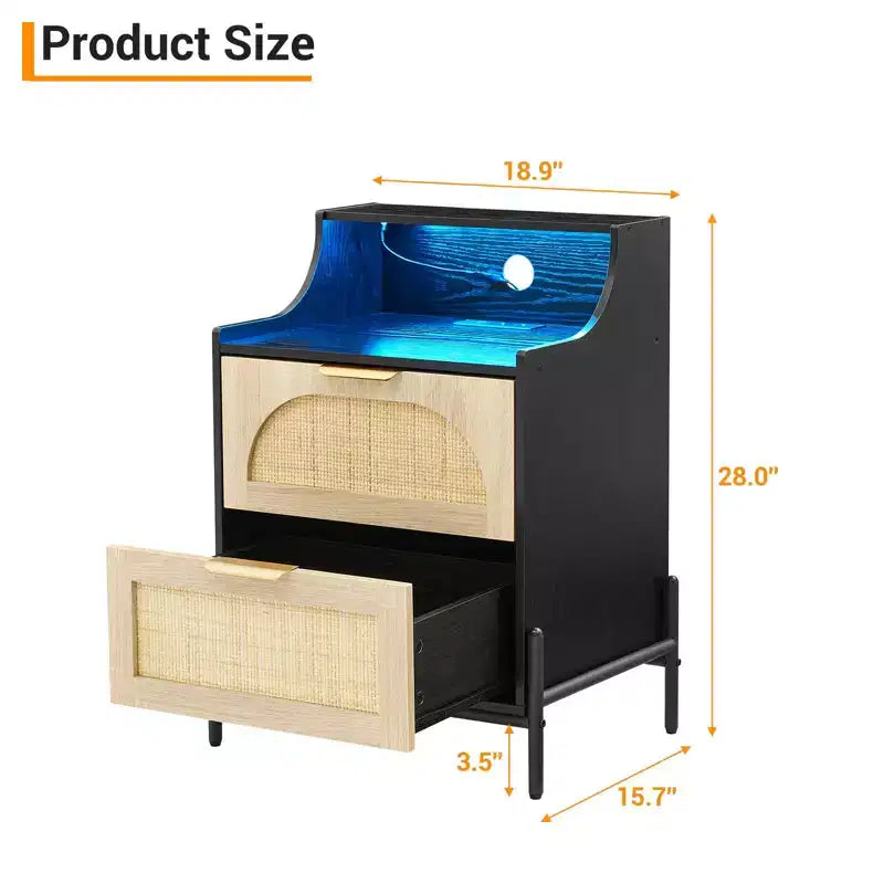 Table de chevet 2 tiroirs en rotin COZONY avec station de charge et lumières LED pour chambre et salon