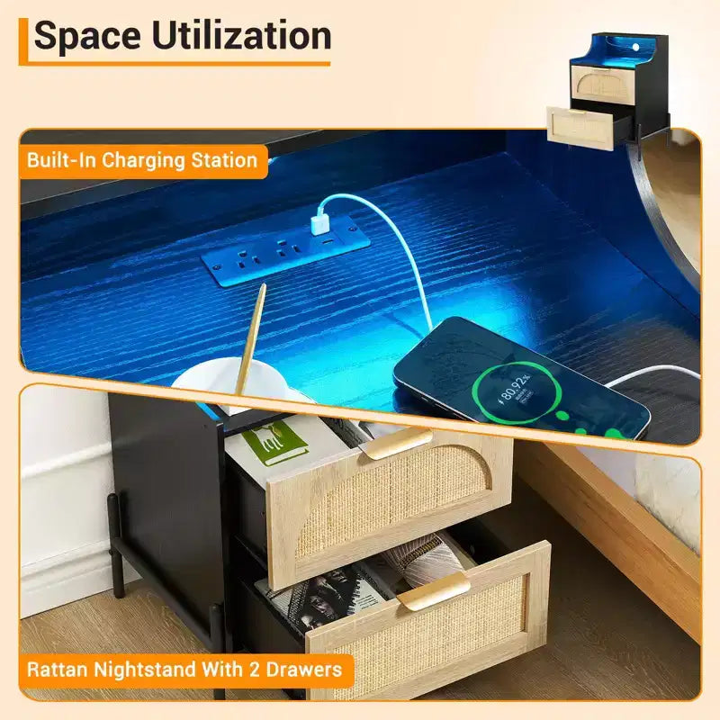 Table de chevet 2 tiroirs en rotin COZONY avec station de charge et lumières LED pour chambre et salon