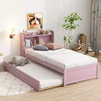 Twin Bed with Trundle,Bookcase,Pink