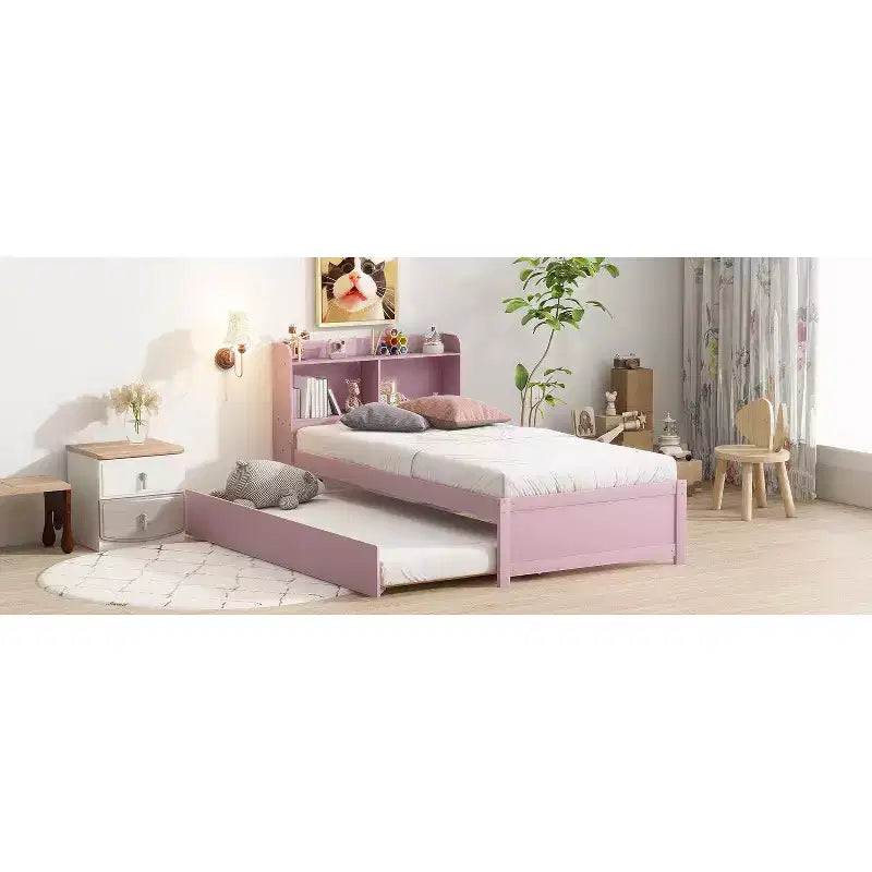 Lit double avec lit gigogne, bibliothèque, rose