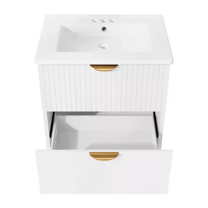 Meuble de salle de bain mural de 122 cm avec 2 vasques et tiroirs, ensemble lavabo-meuble de salle de bain avec rangement, blanc