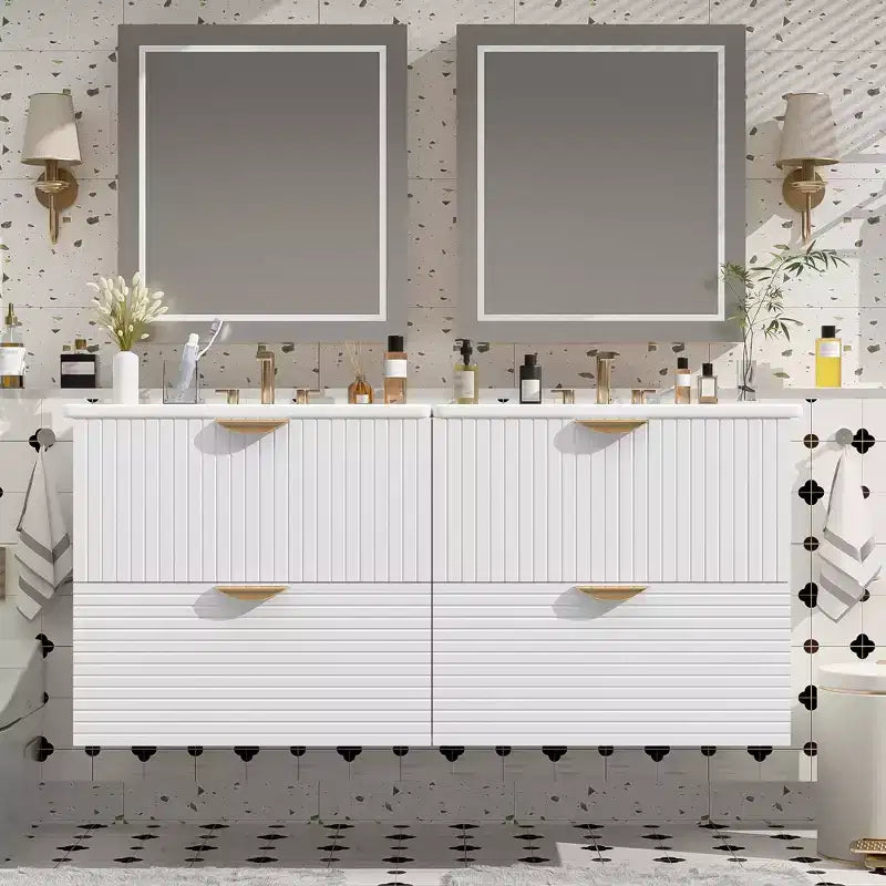 Meuble de salle de bain mural de 122 cm avec 2 vasques et tiroirs, ensemble lavabo-meuble de salle de bain avec rangement, blanc