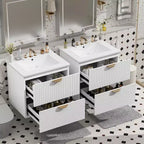 Meuble de salle de bain mural de 122 cm avec 2 vasques et tiroirs, ensemble lavabo-meuble de salle de bain avec rangement, blanc