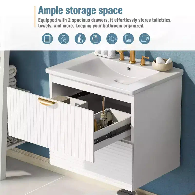 Meuble de salle de bain mural de 122 cm avec 2 vasques et tiroirs, ensemble lavabo-meuble de salle de bain avec rangement, blanc