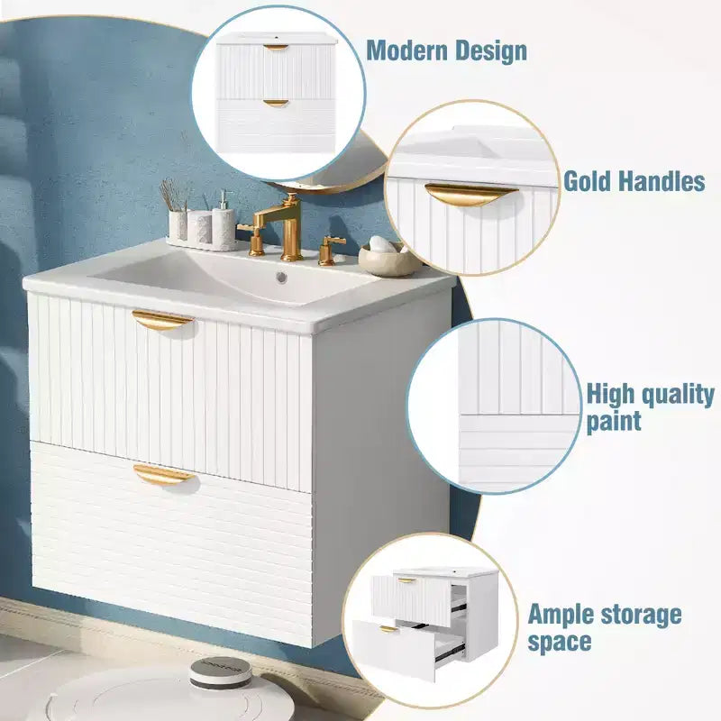 Meuble de salle de bain mural de 122 cm avec 2 vasques et tiroirs, ensemble lavabo-meuble de salle de bain avec rangement, blanc