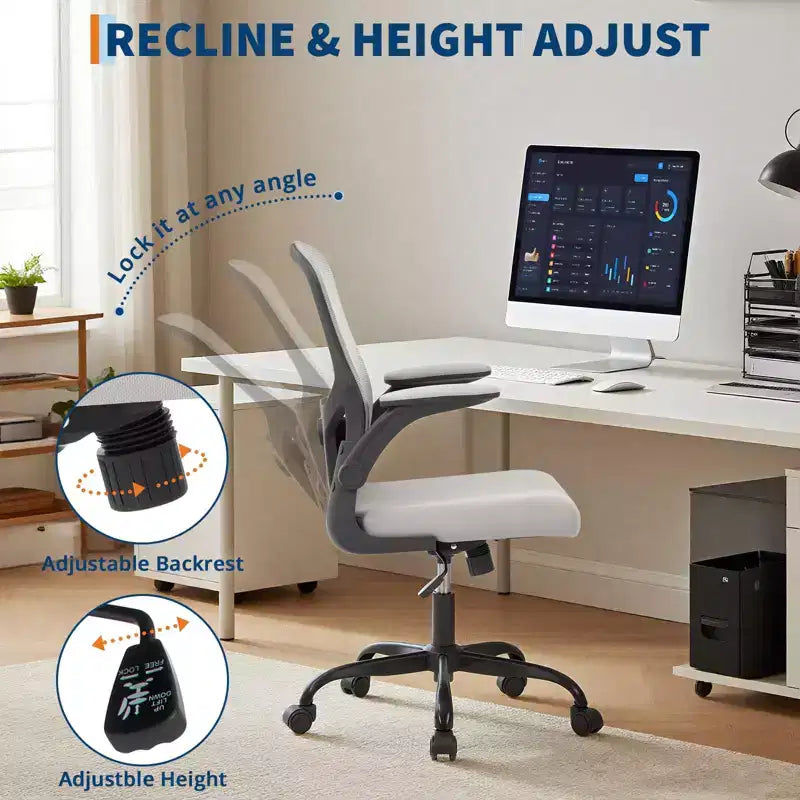 Fauteuil de bureau ergonomique haut de gamme en maille grise - Hauteur réglable, accoudoirs relevables et support lombaire - Siège pivotant confortable pour la maison, le jeu et le travail