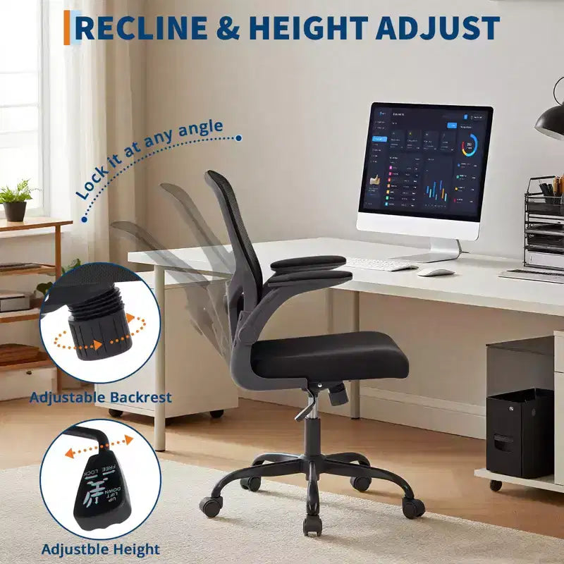 Fauteuil de bureau ergonomique haut de gamme en maille grise - Hauteur réglable, accoudoirs relevables et support lombaire - Siège pivotant confortable pour la maison, le jeu et le travail