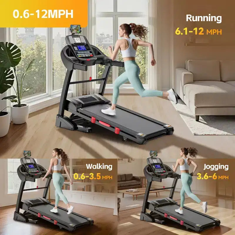 400lbs Capacity Treadmill, Folding Treadmill with 20%Incline, Electric Treadmill with APP Control, 0.6-12MPH, 64+3+3+1Programs, Shock Absorption