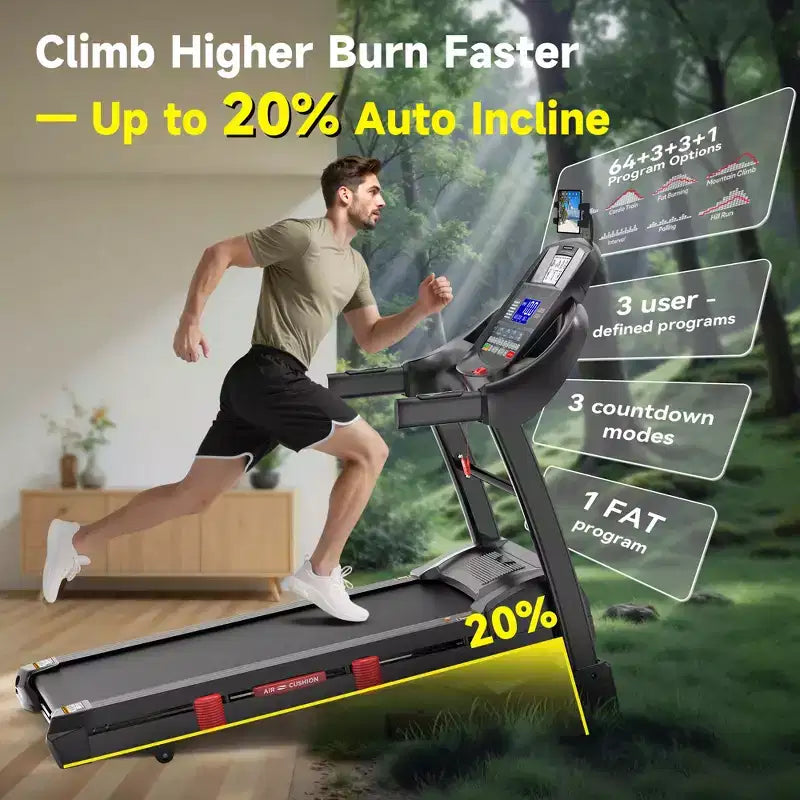 Tapis roulant électrique pliable pour la maison, moteur 5 CV, capacité 180 kg, vitesse jusqu'à 19 km/h avec inclinaison automatique de 20 %, application et contrôle Bluetooth