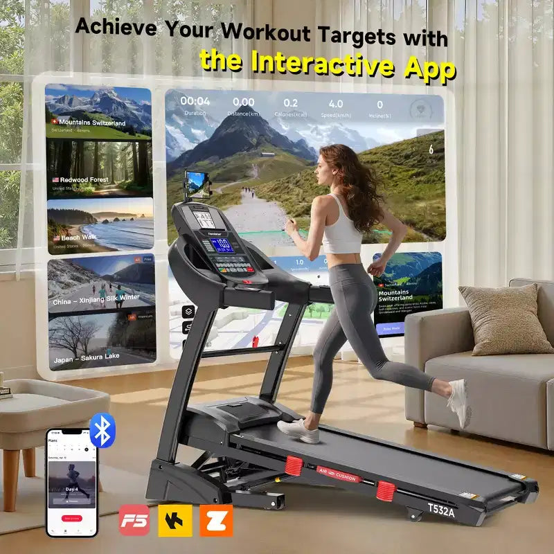 Tapis roulant électrique pliable pour la maison, moteur 5 CV, capacité 180 kg, vitesse jusqu'à 19 km/h avec inclinaison automatique de 20 %, application et contrôle Bluetooth