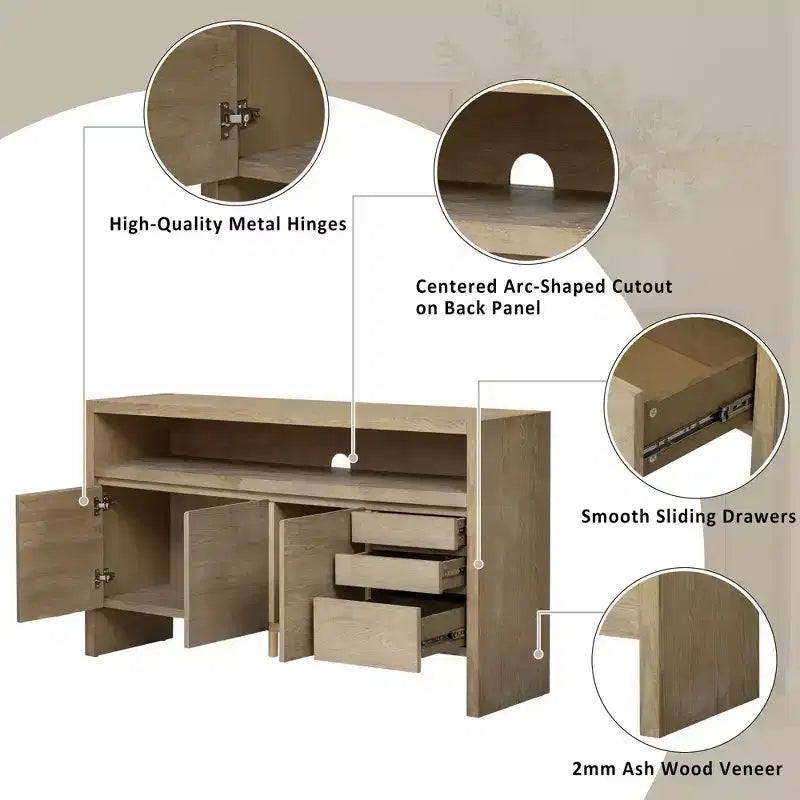 Meuble de cuisine 3 portes TUYOHW, Buffet avec 3 tiroirs, Étagère semi-ouverte, Découpe centrale, Meuble de rangement en placage de frêne massif pour salon, salle à manger