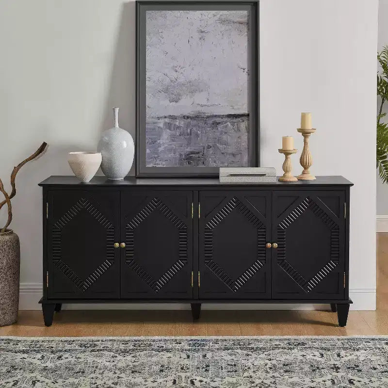TUYOHW Buffet Server Cabinet,Cabinet with Symmetrical Geometric Accent,Adjustable Shelf,Brass Handles,Console Table for Living Room,Kitchen,Black
