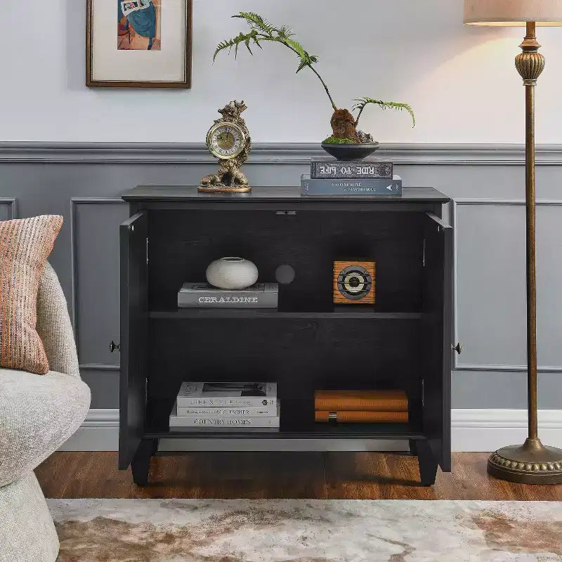 Meuble de buffet TUYOHW, meuble avec accent géométrique symétrique, étagère réglable, poignées en laiton, table console pour salon, cuisine, noir