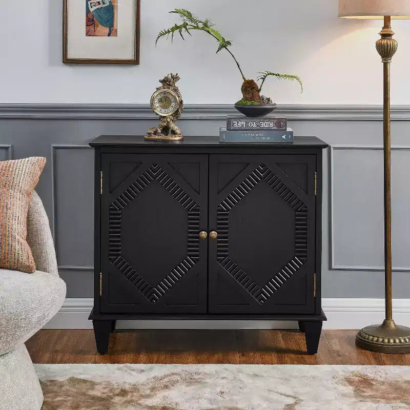 Meuble de buffet TUYOHW, meuble avec accent géométrique symétrique, étagère réglable, poignées en laiton, table console pour salon, cuisine, noir