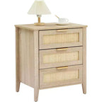 Rattan Nightstand, Boho Nightstand with 3 Natural Rattan Drawers, Bedside Table with Sturdy Wood Legs for Bedroom, Living Room, Natural