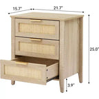 Table de chevet en rotin, table de chevet bohème avec 3 tiroirs en rotin naturel, table de chevet avec pieds en bois robustes pour chambre à coucher, salon, naturel