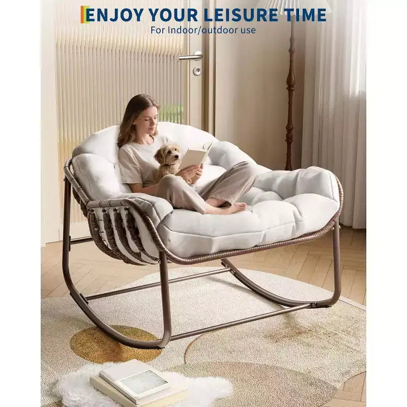 Chaise Œuf à Bascule Intérieure/Extérieure COZONY, Fauteuil Papasan en Rotin avec Coussin Rembourré