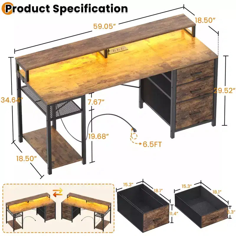 Besiost Bureau d'ordinateur avec tiroirs classeurs, bureau à domicile avec étagères de rangement, support d'écran