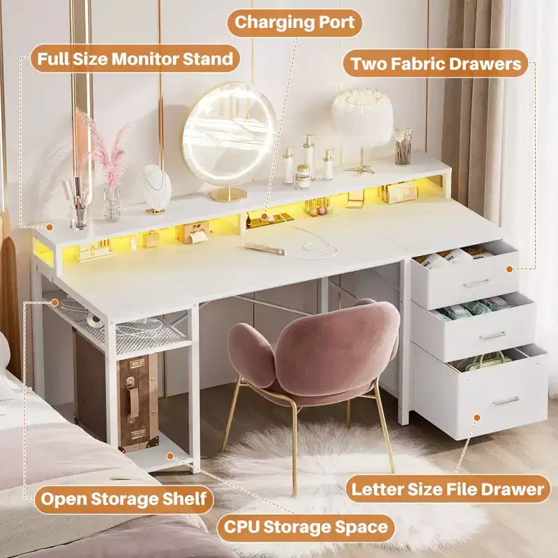 Besiost Bureau d'ordinateur avec tiroirs classeurs, bureau à domicile avec étagères de rangement, support d'écran