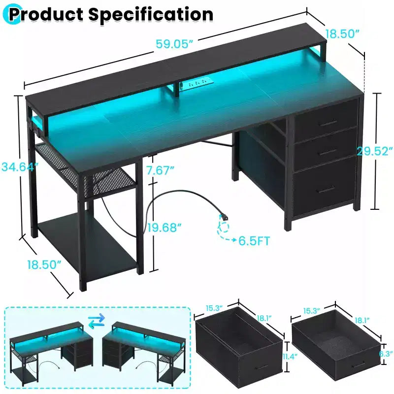 Besiost Bureau d'ordinateur avec tiroirs classeurs, bureau à domicile avec étagères de rangement, support d'écran