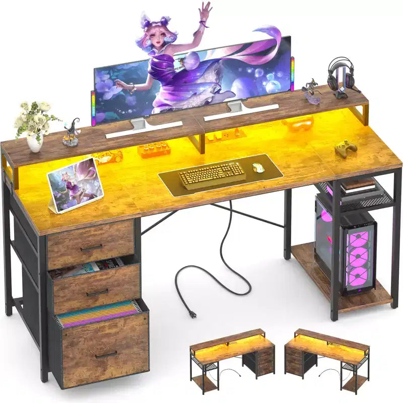 Besiost Bureau d'ordinateur avec tiroirs classeurs, bureau à domicile avec étagères de rangement, support d'écran