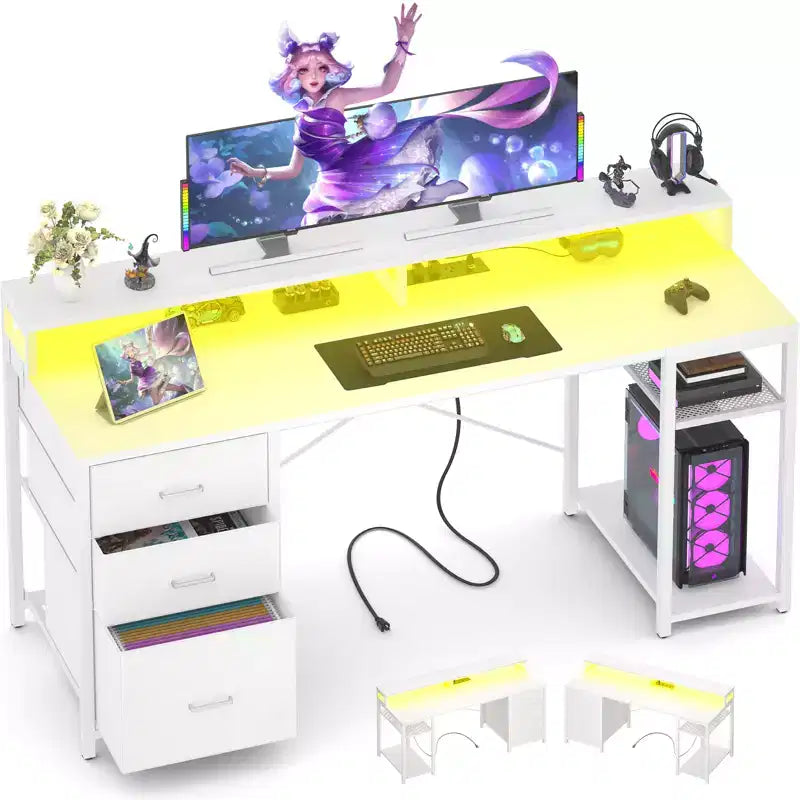 Besiost Bureau d'ordinateur avec tiroirs classeurs, bureau à domicile avec étagères de rangement, support d'écran