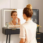 Coiffeuse avec miroir et lumières, table de maquillage cannelée de 122 cm avec plateau en verre, coiffeuse avec 5 tiroirs, commode moderne pour chambre à coucher