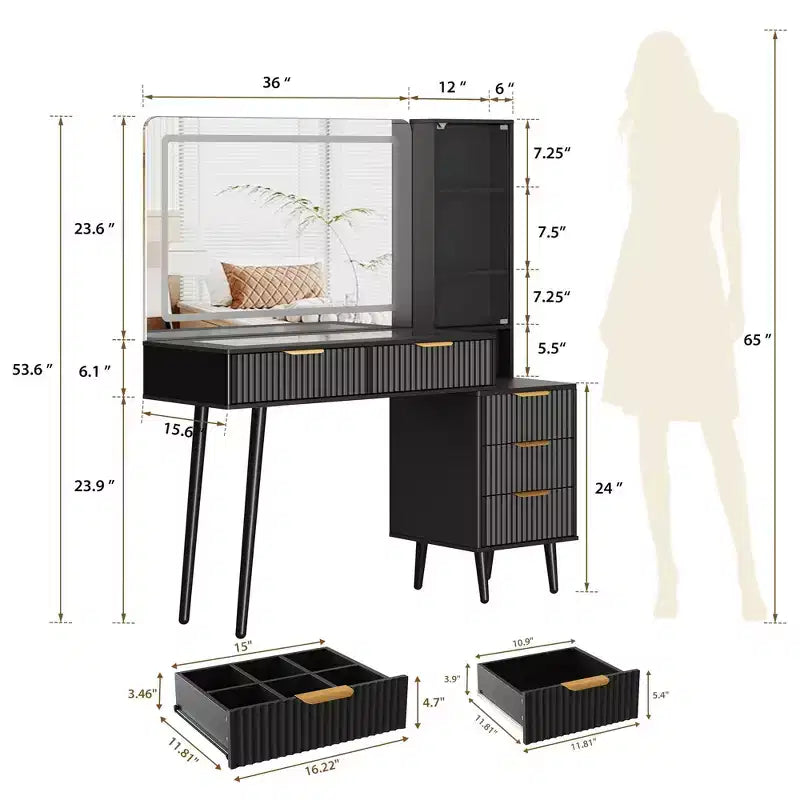 Coiffeuse avec miroir et lumières, table de maquillage cannelée de 122 cm avec plateau en verre, coiffeuse avec 5 tiroirs, commode moderne pour chambre à coucher