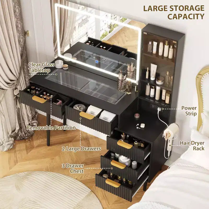 Coiffeuse avec miroir et lumières, table de maquillage cannelée de 122 cm avec plateau en verre, coiffeuse avec 5 tiroirs, commode moderne pour chambre à coucher